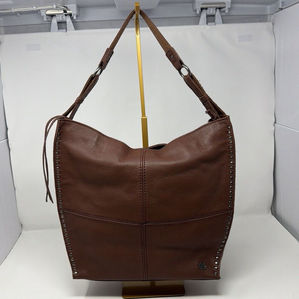 The Sak Leather Hobo Shoulder Bag Womens Large Brown Studded Boho Purse Tote